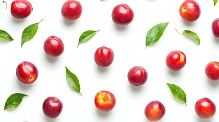 ripe nectarine with leaves isolated on white