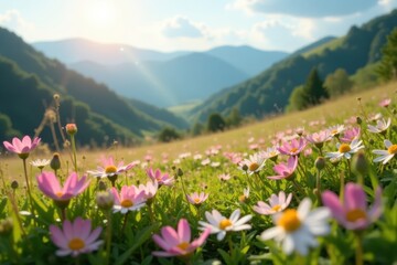 Obraz premium Delicate wildflowers carpet a sunlit hillside , fresh, grass