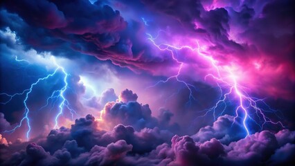 Swirling clouds of purple and pink mist in a dark blue background with vibrant lightning bolts shooting upwards, misty atmosphere, cloudy night sky