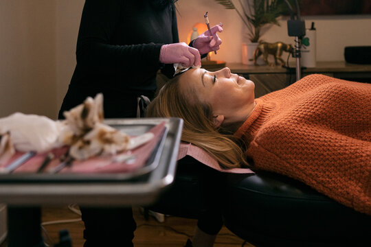 Woman Has Microblading Eyebrow Procedure