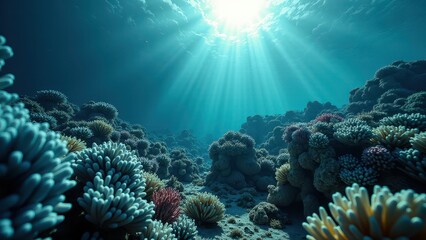 Obraz premium Sunlight illuminating bleached coral on a damaged tropical reef underwater 