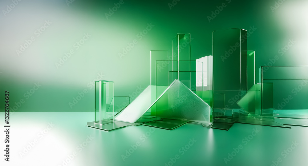 Poster abstract geometric composition featuring translucent green glass-like shapes arranged in a modern st