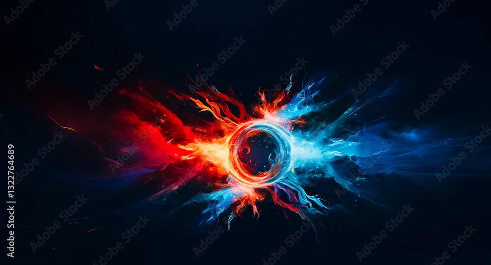 Poster abstract image featuring a central glowing circular form flanked by dynamic red and blue energy burs