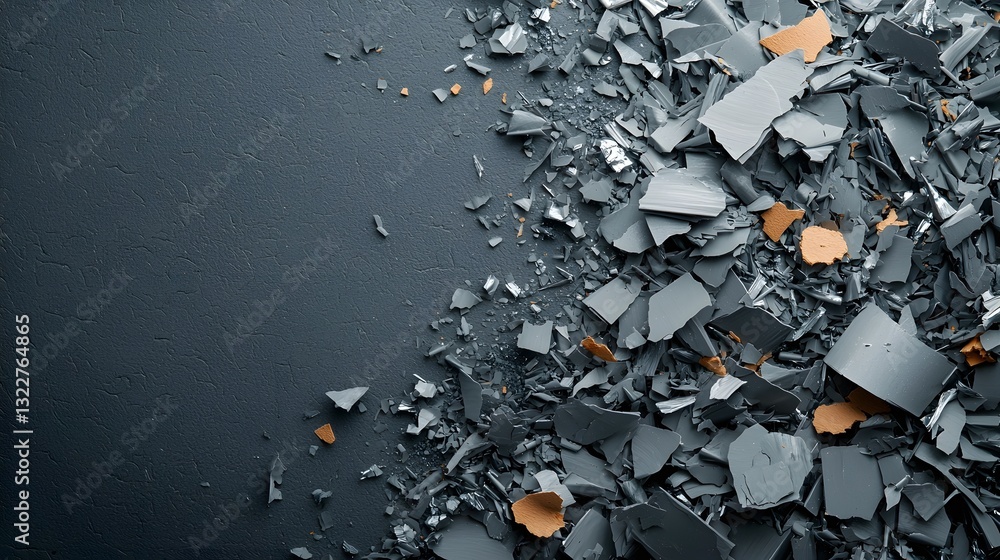 Poster closeup of various sized and shaped shredded aluminum pieces creating a textured metallic background