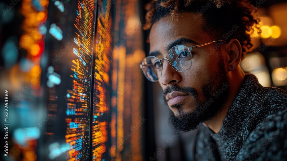 Poster A focused individual analyzes complex quantum computing data on a digital display, emphasizing concepts like qubit, superposition, and entanglement.