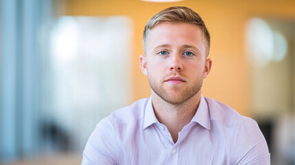 Obraz premium young man in light purple shirt sits confidently in office setting, exuding professionalism and focus. background features soft, blurred colors, enhancing corporate atmosphere