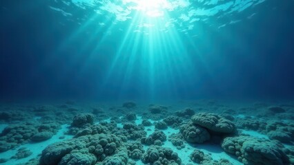 Fototapeta premium Sunlight shining through clear ocean water over a bleached coral reef 