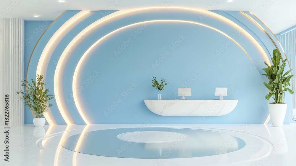 Poster modern blue reception area with circular design elements