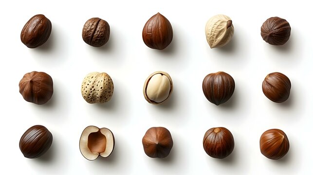 Variety of Hazelnuts isolated on white background