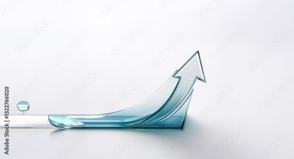 Poster glass arrow with a water droplet dynamically points upwards, suggesting forward movement and positiv