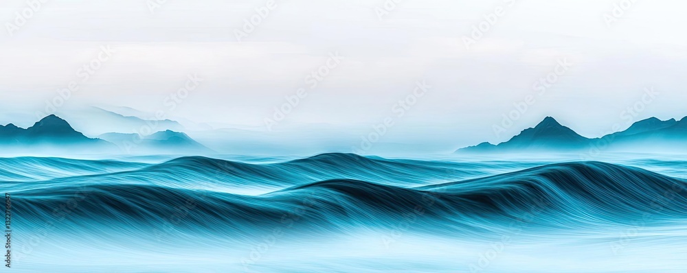 Poster Waterscape abstract background idea. Serene ocean waves with a tranquil blue palette and distant mountains under a cloudy sky.