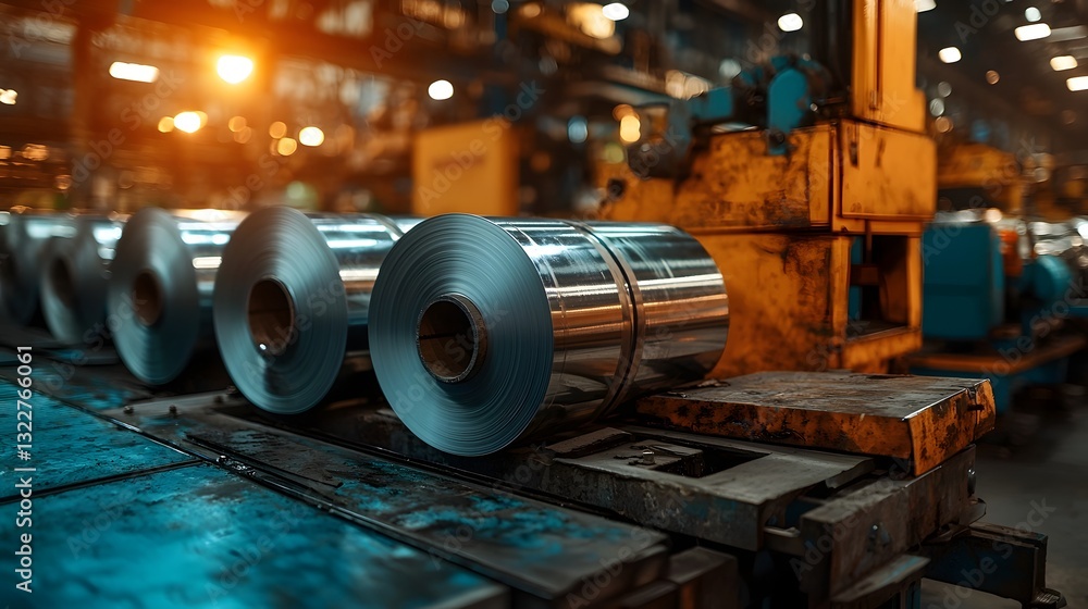 Poster smooth and shiny metallic texture of aluminum sheets being rolled out in a industrial factory worksp