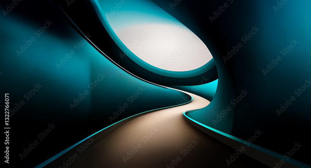 Poster a softly lit, winding path is bordered by smooth, dark blue walls, creating an abstract tunnel effec