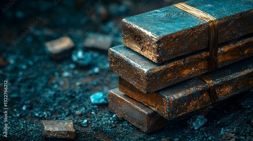 Poster a photograph showcasing neatly stacked aluminum ingots produced from recycled metal set against a cl