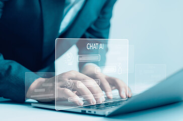 businessman using technology Global Internet connect Chatgpt conversation Chat with AI, Artificial...