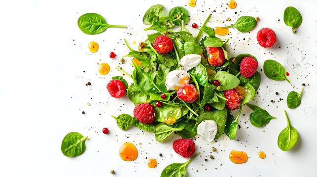 Salad Bayam dengan Raspberry dan Keju Kambing terisolasi di latar belakang putih. Makanan Amerika