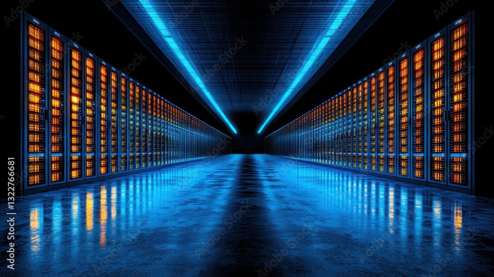 Poster server room with rows of high-tech servers signifying infrastructure for ai-driven service managemen