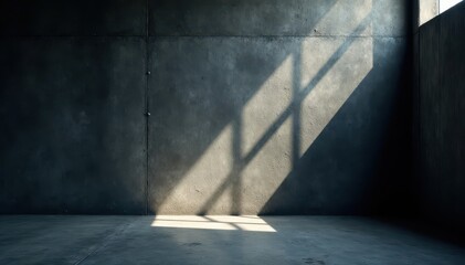 Dramatic sunbeam on dark graphite, contrasting rough black wall & concrete floor , sun ray, floor