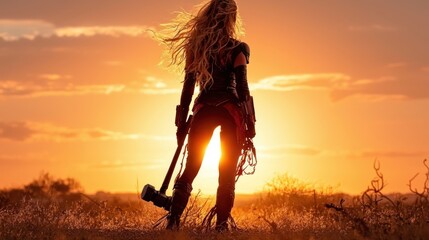 A strong woman with long flowing hair holds a hammer