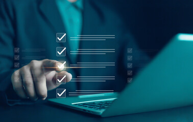 Business Performance Checklist Businessman Using Laptop Doing Online Checklist Survey On Computer...