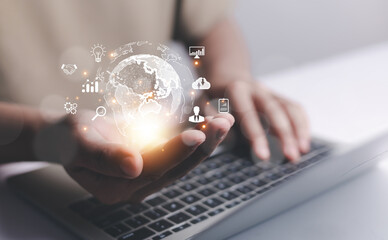 Hands showing the world of digital marketing, business concept, technology, international market, global internet connection, big data, business technology, finance, internet  global, internet, 
