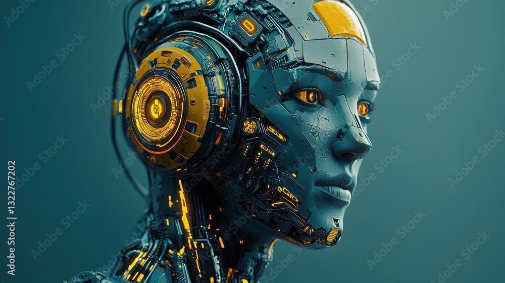 Poster a close-up of a robot head showcasing intricate details and advanced features representing ai techno
