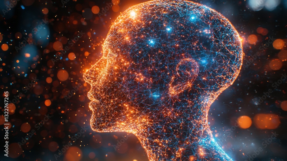 Poster a human head illuminated by a glowing background representing the integration of technology and huma
