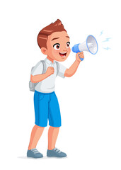 Happy little school boy with a horn loudspeaker shouting excitedly making an announcement. Cartoon vector illustration.