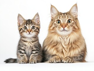 Two adorable cats, one kitten and one adult, sitting together on a white background