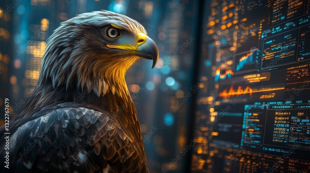 Poster a striking eagle stands in front of a colorful screen filled with financial data and city lights. th