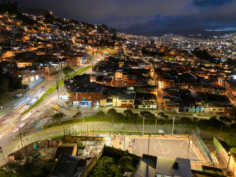 Night Drone View Of Bogota Residential Neighborhood, Colombia