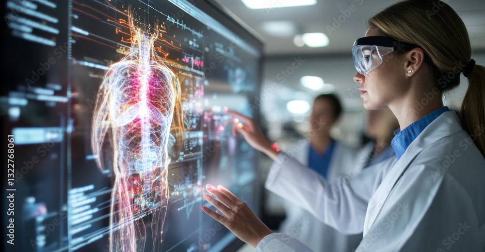 Poster interns in white coats engage with advanced digital displays showcasing human anatomy. they focus on