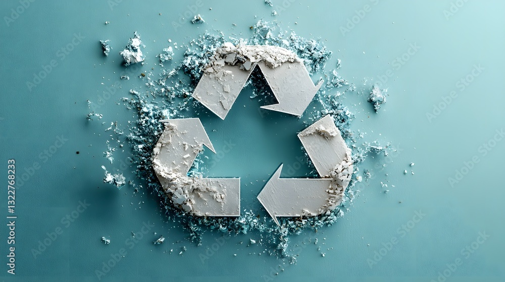 Poster minimalist abstract image of the aluminum recycling symbol created by arranging liquefied metal piec