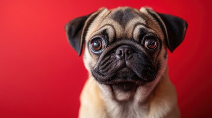 Adorable pug puppy with big, expressive eyes against a vibrant red background.