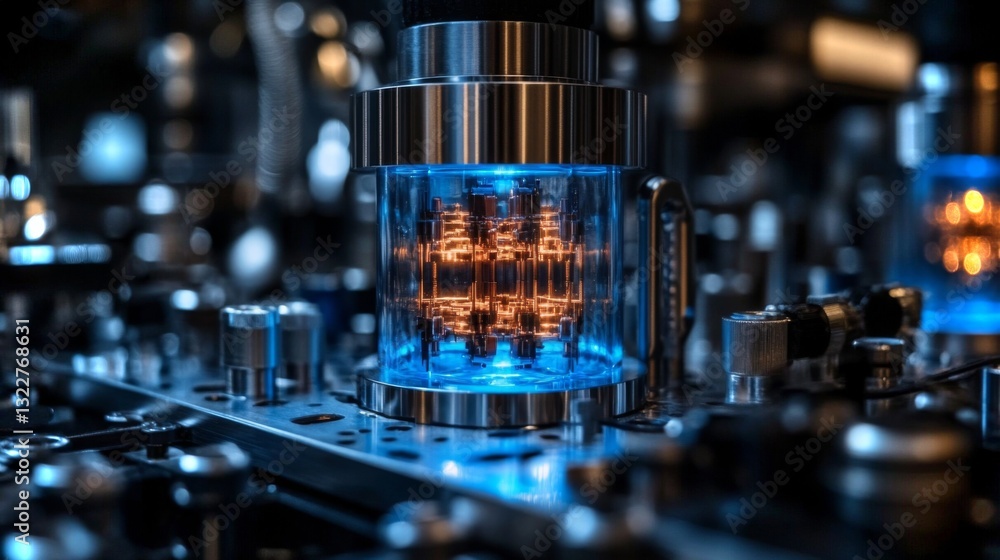 Fototapete A complex quantum computing core showcases qubits in superposition and entanglement. The intricate circuitry illustrates decoherence and coherence processes at a advanced research lab.