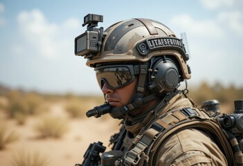 Soldier in Tactical Gear with Advanced Helmet Equipment Outdoors
