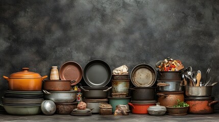 A balanced still life composition featuring a stack of old used aluminum household items such as pots and pans prepared for recycling with ample negative space for text overlay