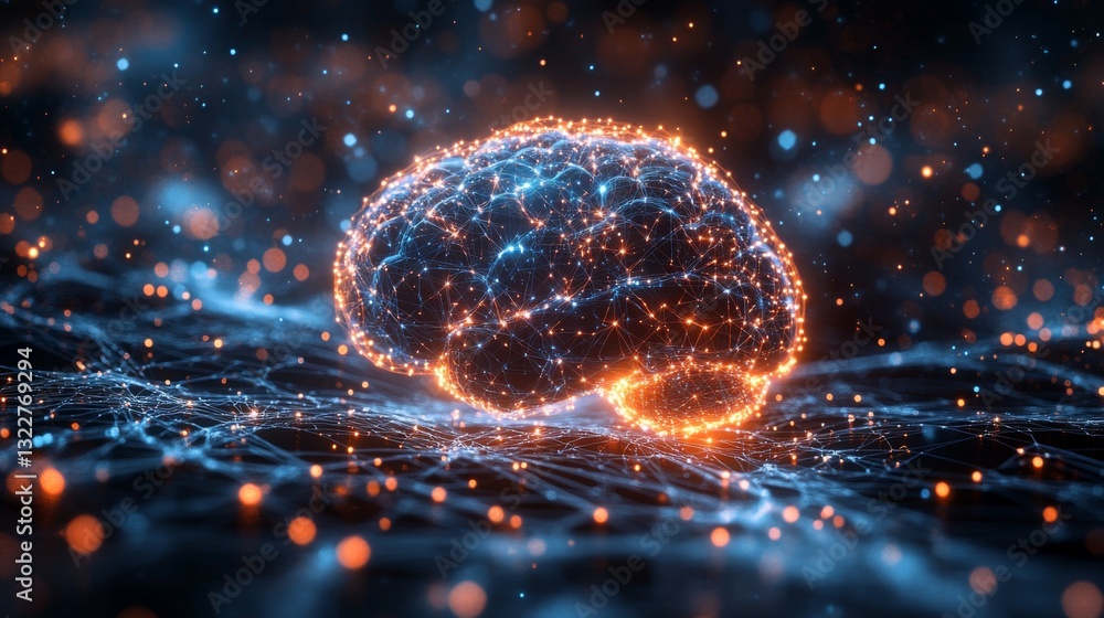 Fototapete This image depicts a glowing particle brain, symbolizing the synergy between quantum computing and neural network optimization to improve data processing.
