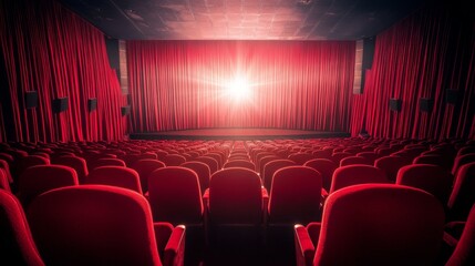 Fototapeta premium Empty cinema hall with red seats and vibrant ambiance. - ai