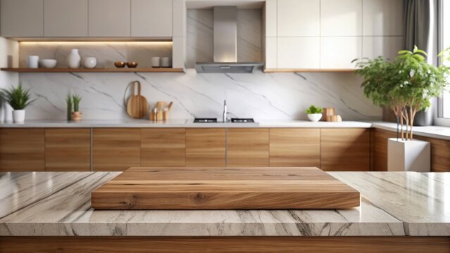 Elegant Wooden Platform on Marble Kitchen Table, wooden surface, kitchen platform