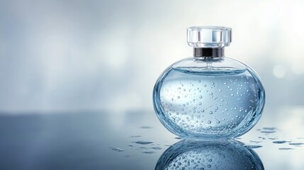 Elegant orb shaped perfume bottle reflecting on a wet surface studio shot