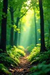 Deep emerald green forest bokeh, sunlit foliage, foliage, summer