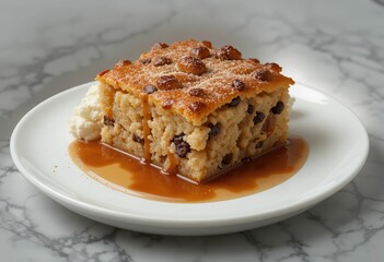 Delicious dessert with chocolate chips and caramel sauce on plate