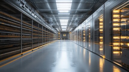 Obraz premium Long hallway of server racks in a data center. Rows of illuminated servers fill the space, creating a futuristic and technological atmosphere.