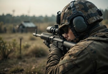 Fototapeta premium Soldier Aiming Rifle Outdoors in Tactical Gear During Daylight