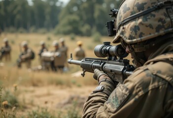Fototapeta premium Soldier Aiming with Precision in Military Training Environment