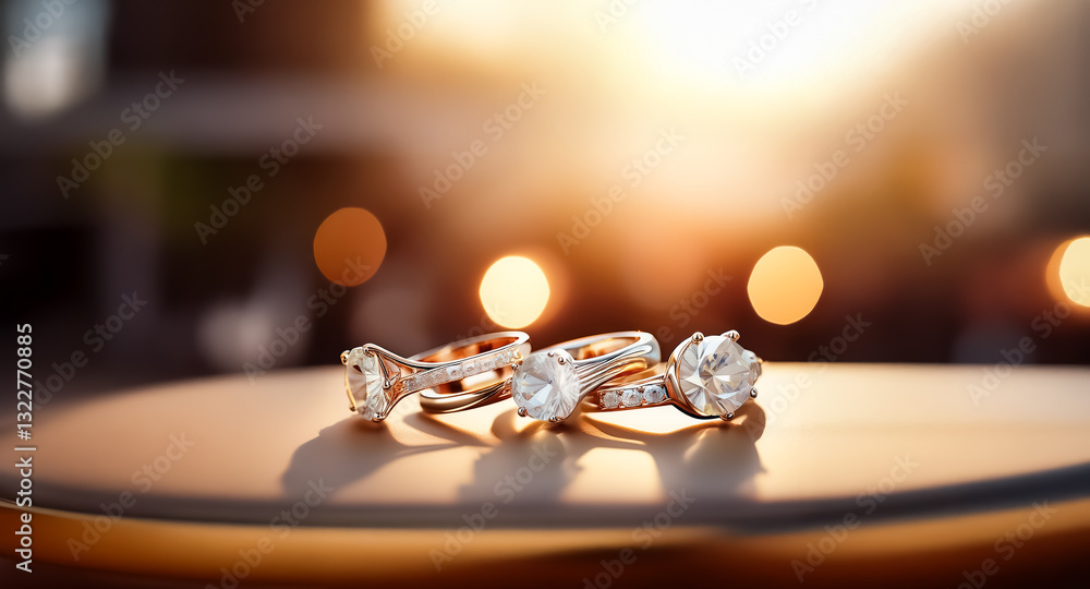Poster elegant rings sparkle on a reflective surface, bathed in warm light with soft bokeh in the backgroun