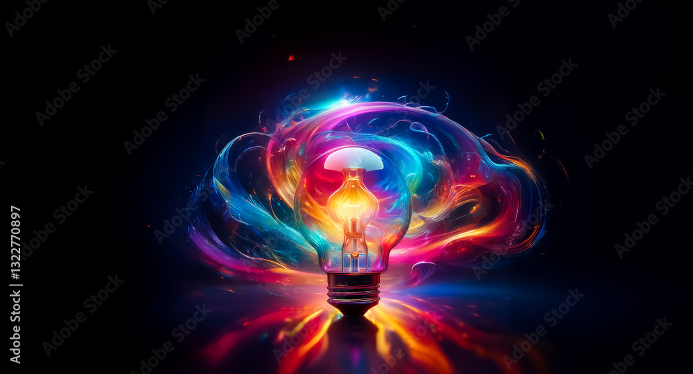Poster glowing lightbulb with vibrant colorful swirls emanating from it on a dark backdrop. bright illumina
