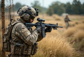 Armed Military Soldier in Tactical Gear during Outdoor Training Exercise