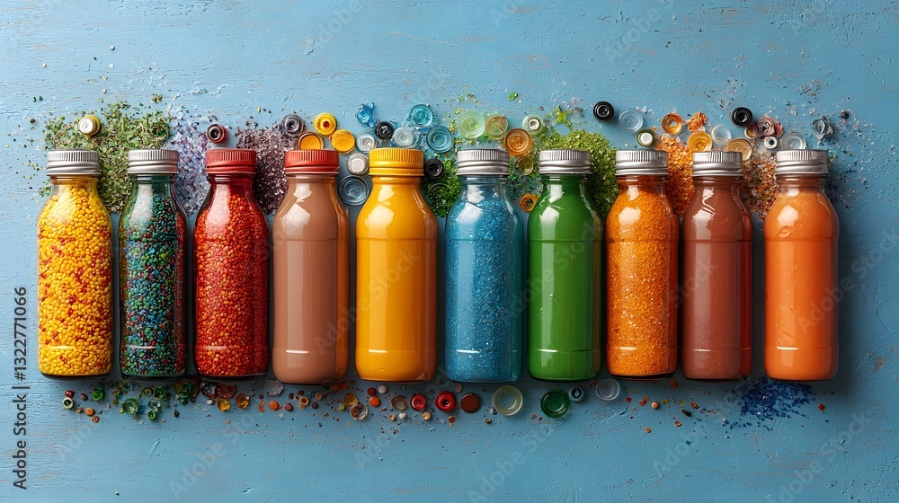 Poster neatly arranged colorful glass bottles being sorted and prepared for recycling with clean copy space